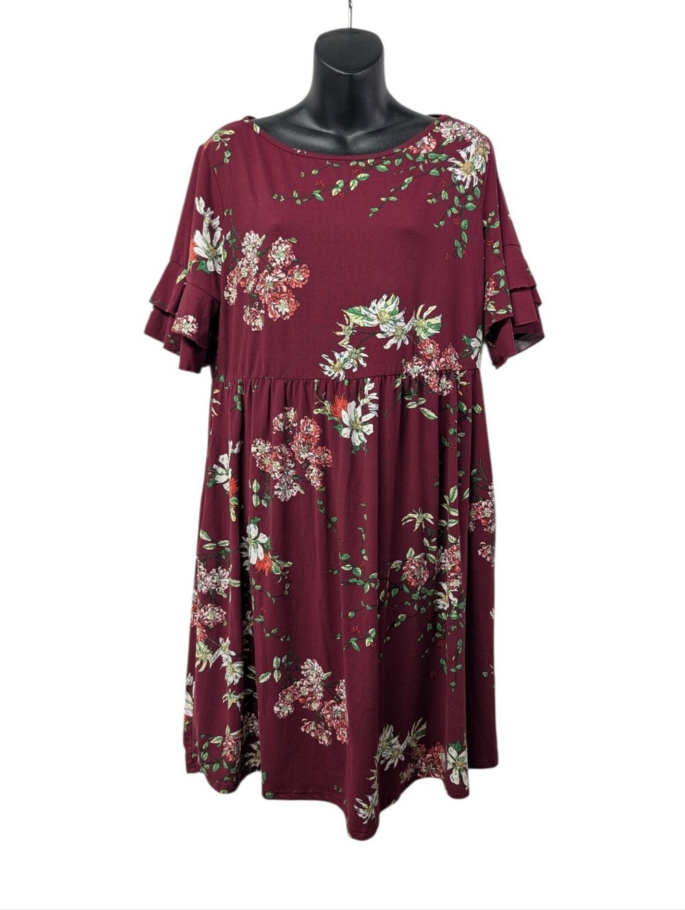 Tralilbee Floral Ruffle Sleeve Empire Waist Mini Dress Burgundy L NWT